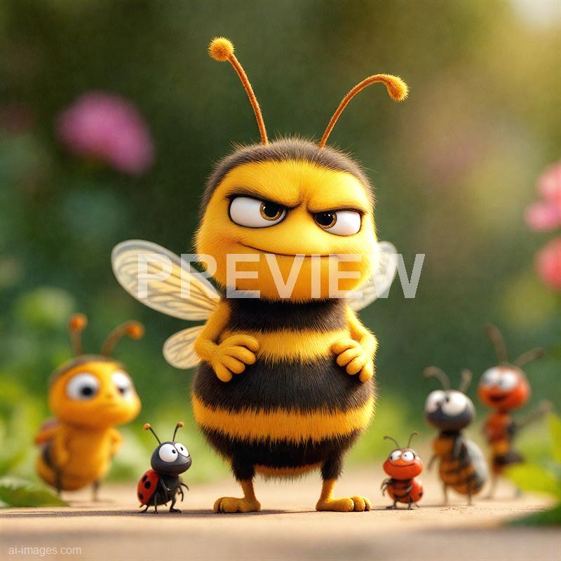 A group of animated bees and insects are gathered outdoors on a wooden surface, with a lush, green, blurred background. The central figure is a large, anthropomorphic bee with a confident expression, hands on hips, and detailed, expressive eyes, while smaller insects of different types stand around it, all rendered in a vibrant, cartoonish style. The scene exudes a playful and humorous atmosphere, highlighting the characters' personalities through their expressions and poses.